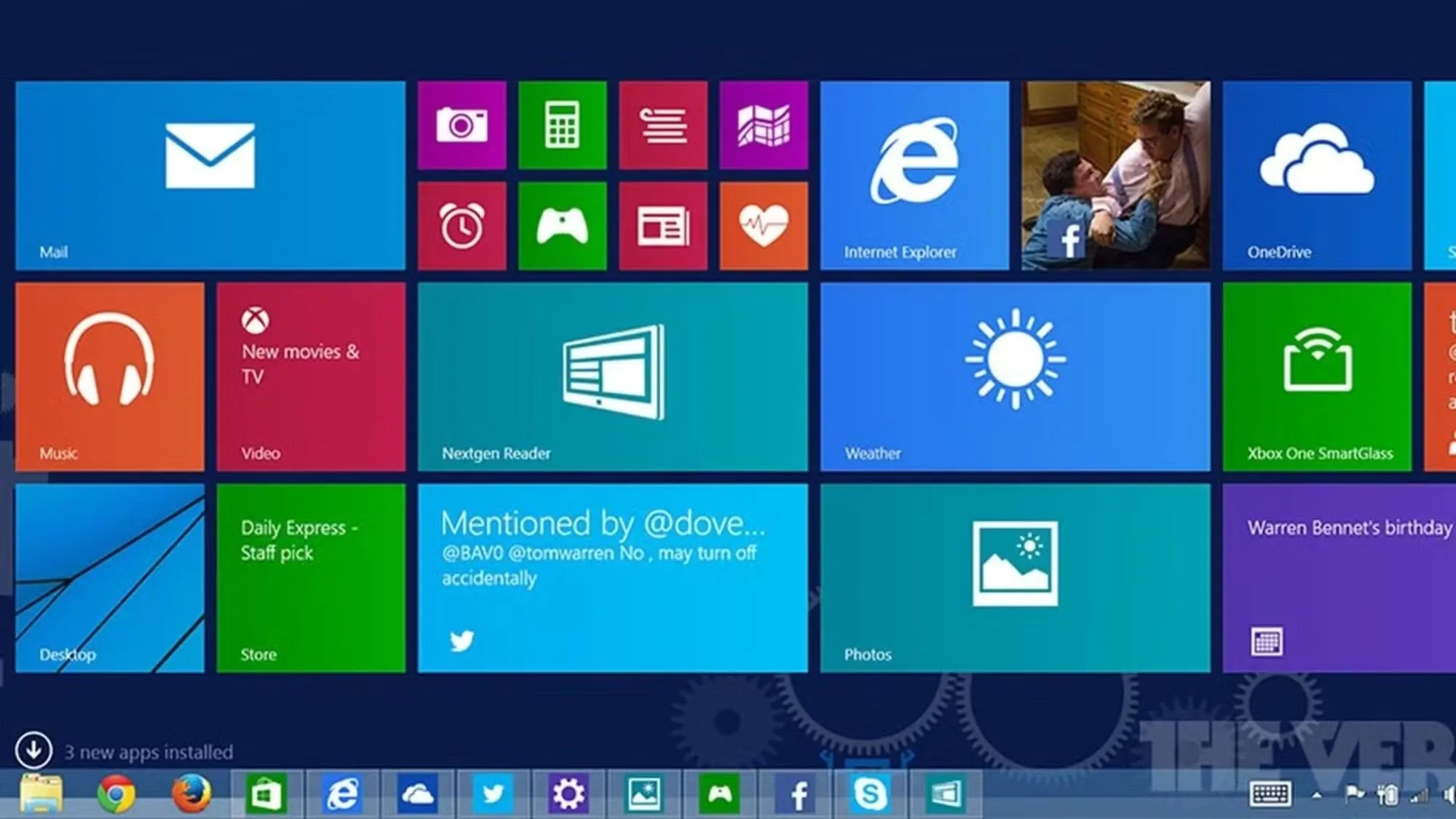 Màn hình Start và thanh tác vụ trên Windows 8.1, nơi từng có các tính năng ẩn được bảo vệ bởi Redpill.
