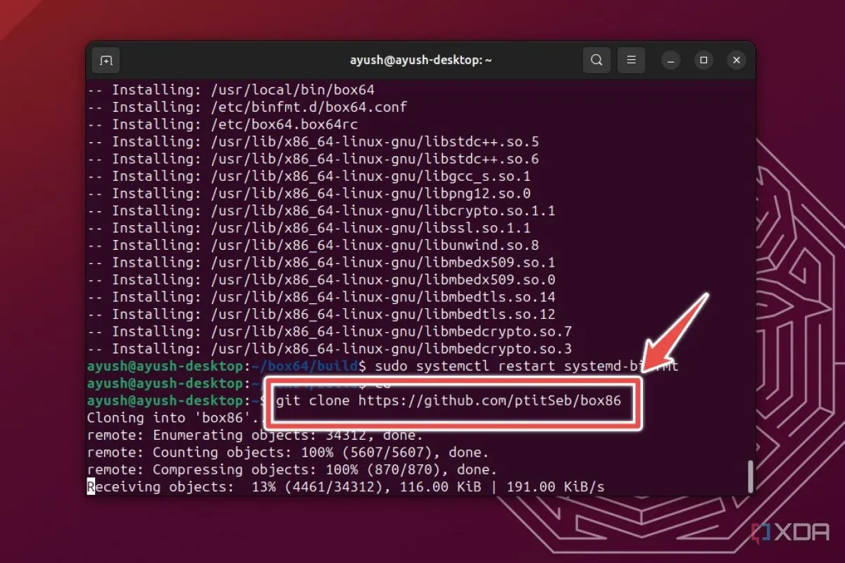 Màn hình terminal Ubuntu hiển thị lệnh sao chép kho lưu trữ Box86, minh họa cho việc phát triển phần mềm đa kiến trúc.
