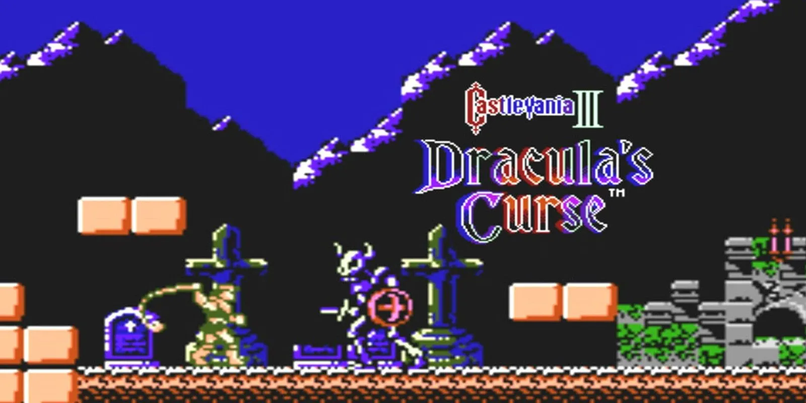 Màn hình tiêu đề của Castlevania III: Dracula's Curse với biểu tượng game trên nền lâu đài huyền bí.