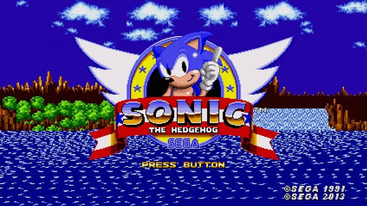 Màn hình tiêu đề game Sonic the Hedgehog trên Sega Genesis, tựa game cạnh tranh với Mario.