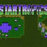 Màn hình tiêu đề game Startropics cổ điển trên hệ máy NES, với logo game và dòng chữ "Start Game" nổi bật.