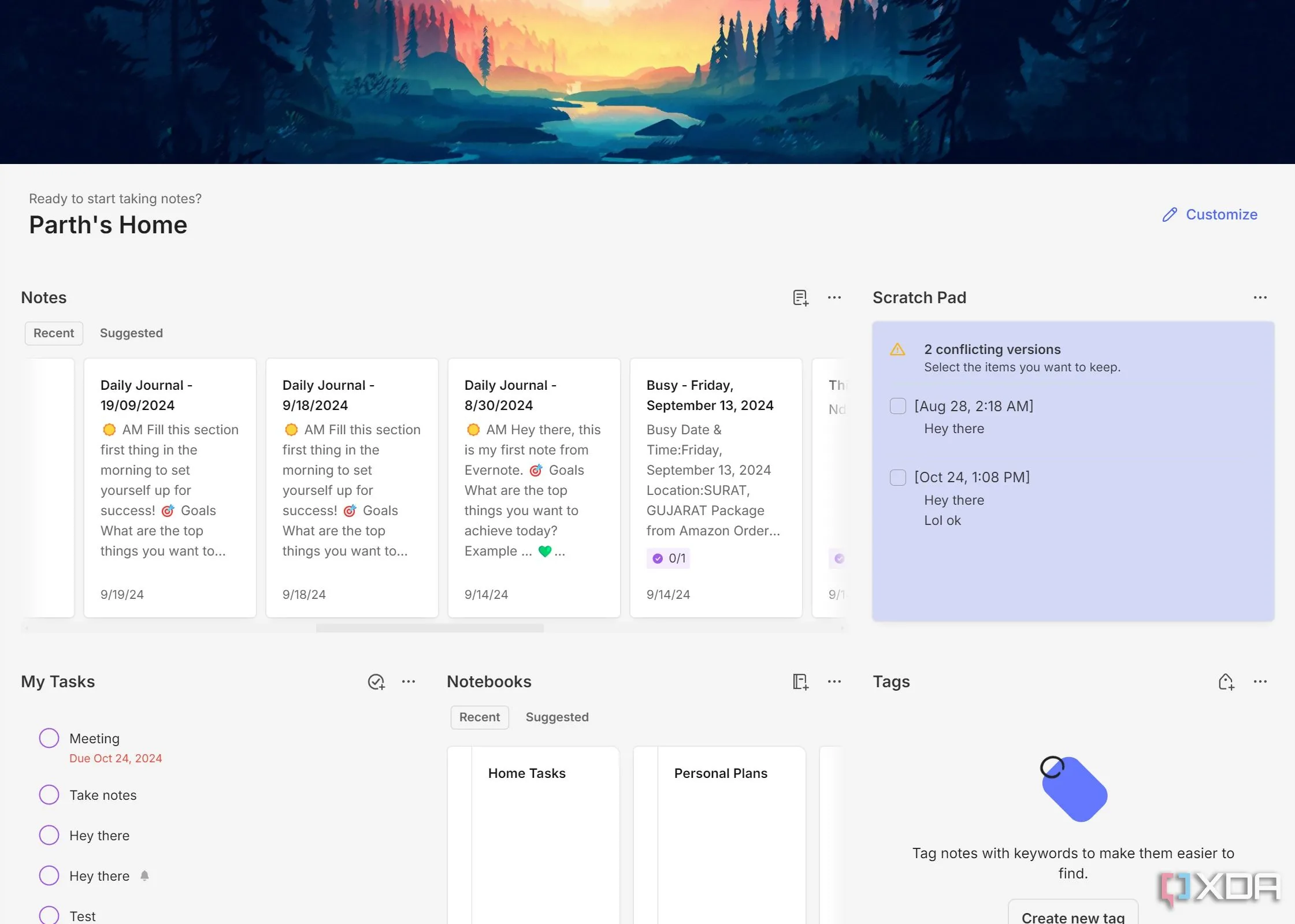 Màn hình trang chủ Evernote với các widget tùy chỉnh hiển thị ghi chú gần đây, nhiệm vụ và lịch