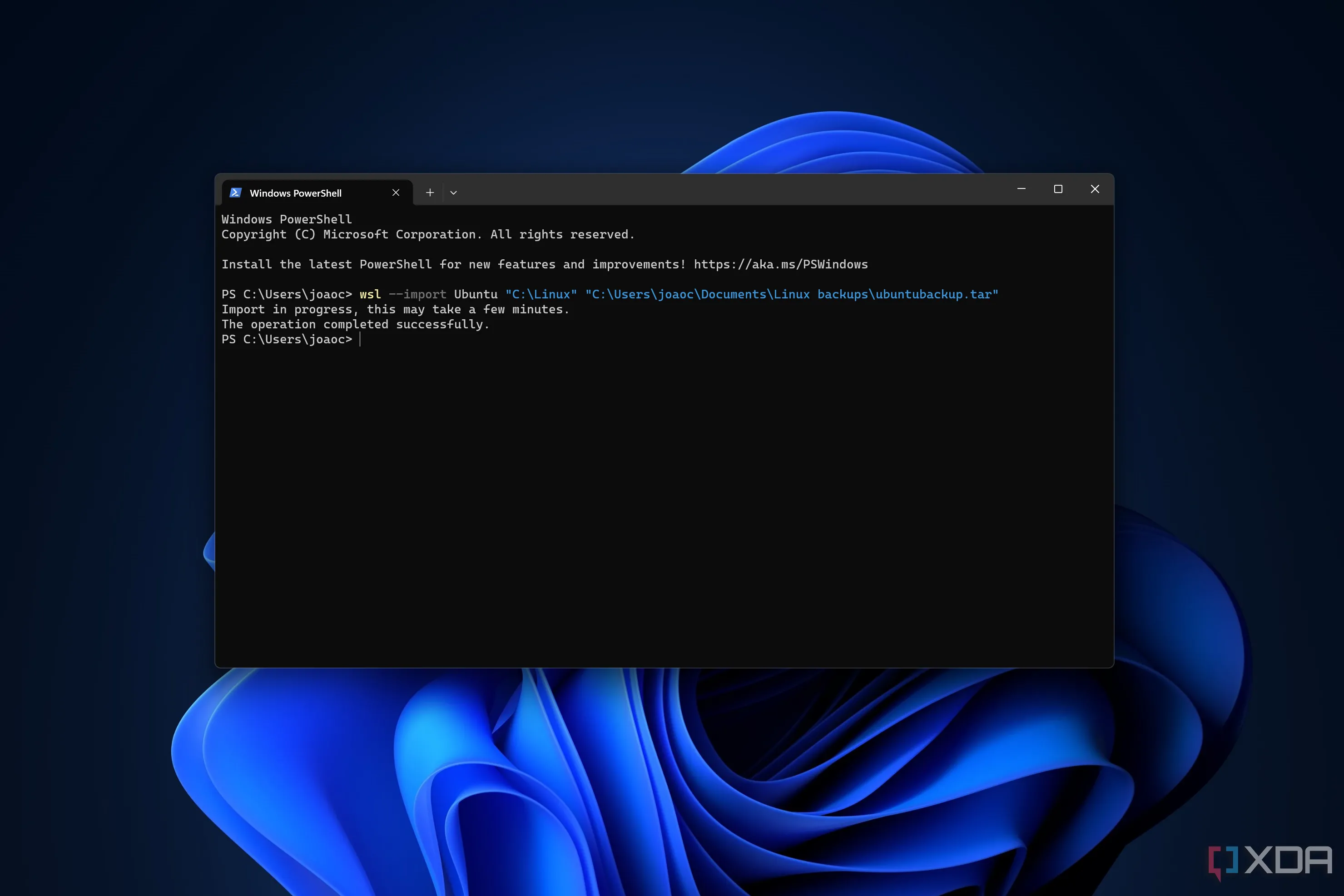 Màn hình Windows Terminal hiển thị quá trình nhập bản sao lưu của WSL, minh họa khả năng quản lý instance Linux qua terminal.