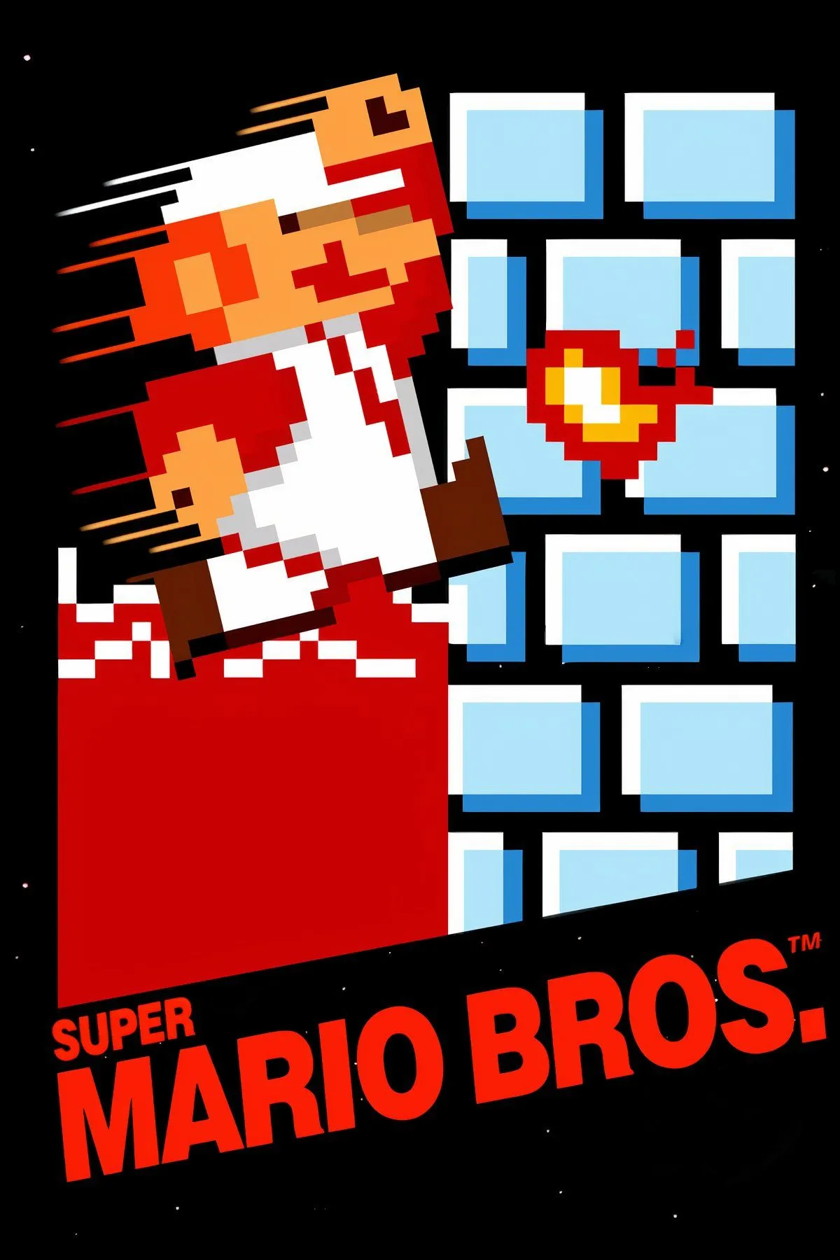 Mario đang chạy trên màn hình game Super Mario Bros. cổ điển với đồ họa pixel rực rỡ và môi trường quen thuộc.