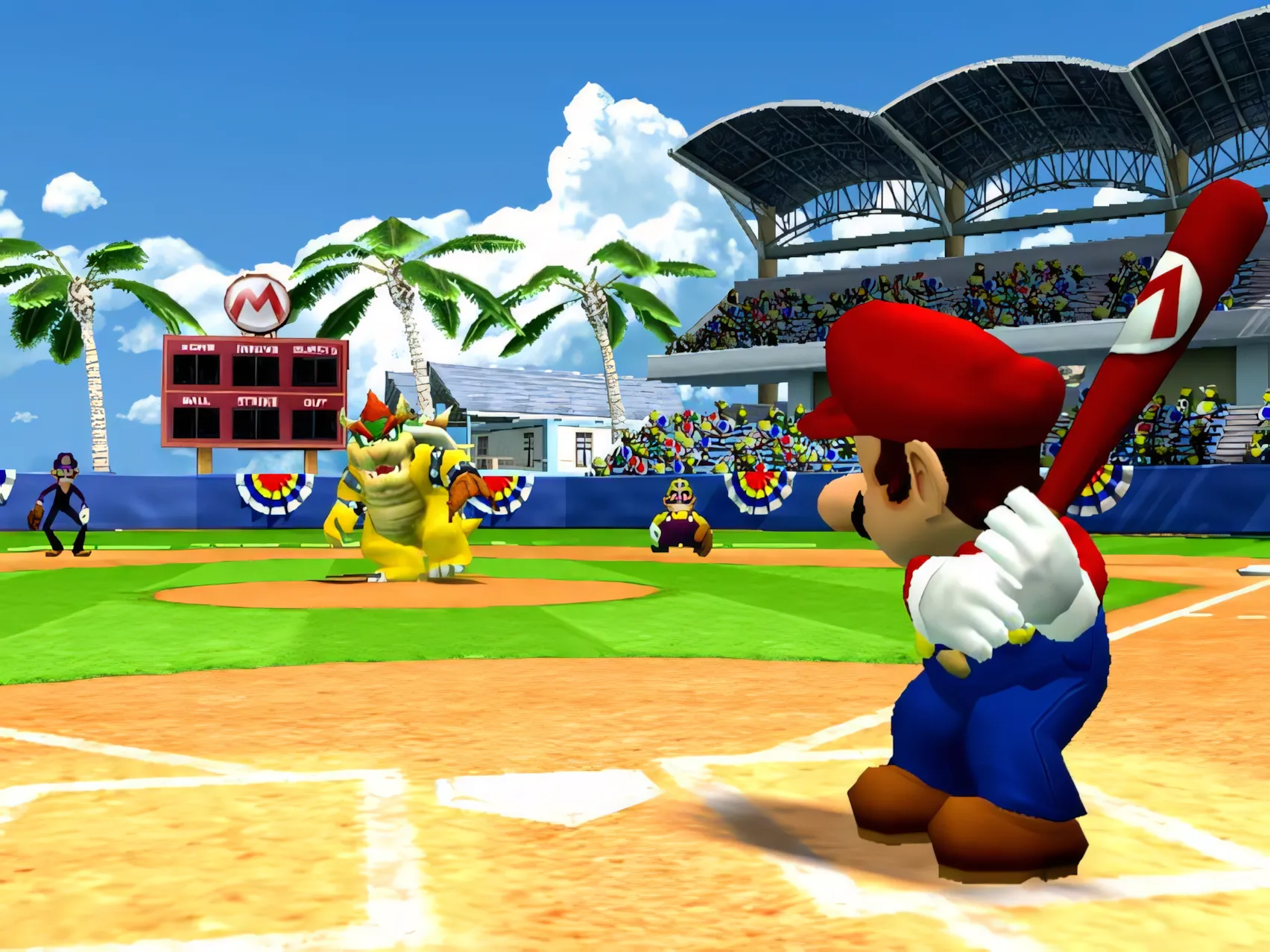 Mario đang vung gậy trong game Mario Superstar Baseball trên Nintendo GameCube