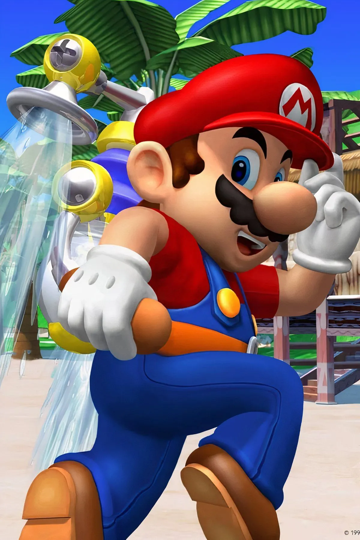 Mario sử dụng FLUDD để dọn dẹp hòn đảo Delfino trong Super Mario Sunshine, GameCube