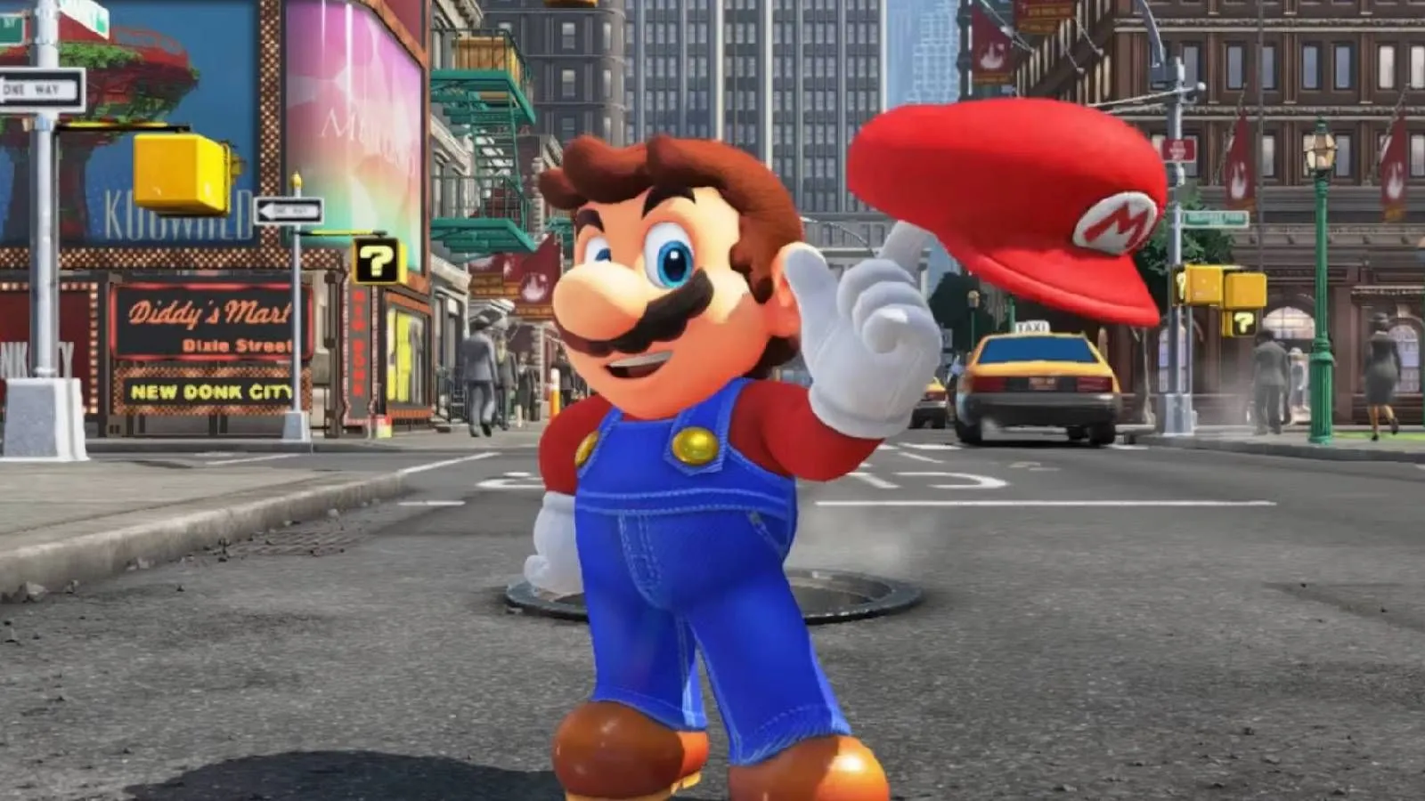 Mario và chiếc mũ Cappy của anh ấy đang khám phá thành phố New Donk trong Super Mario Odyssey, một tựa game 3D phiêu lưu nổi bật trên Nintendo Switch.
