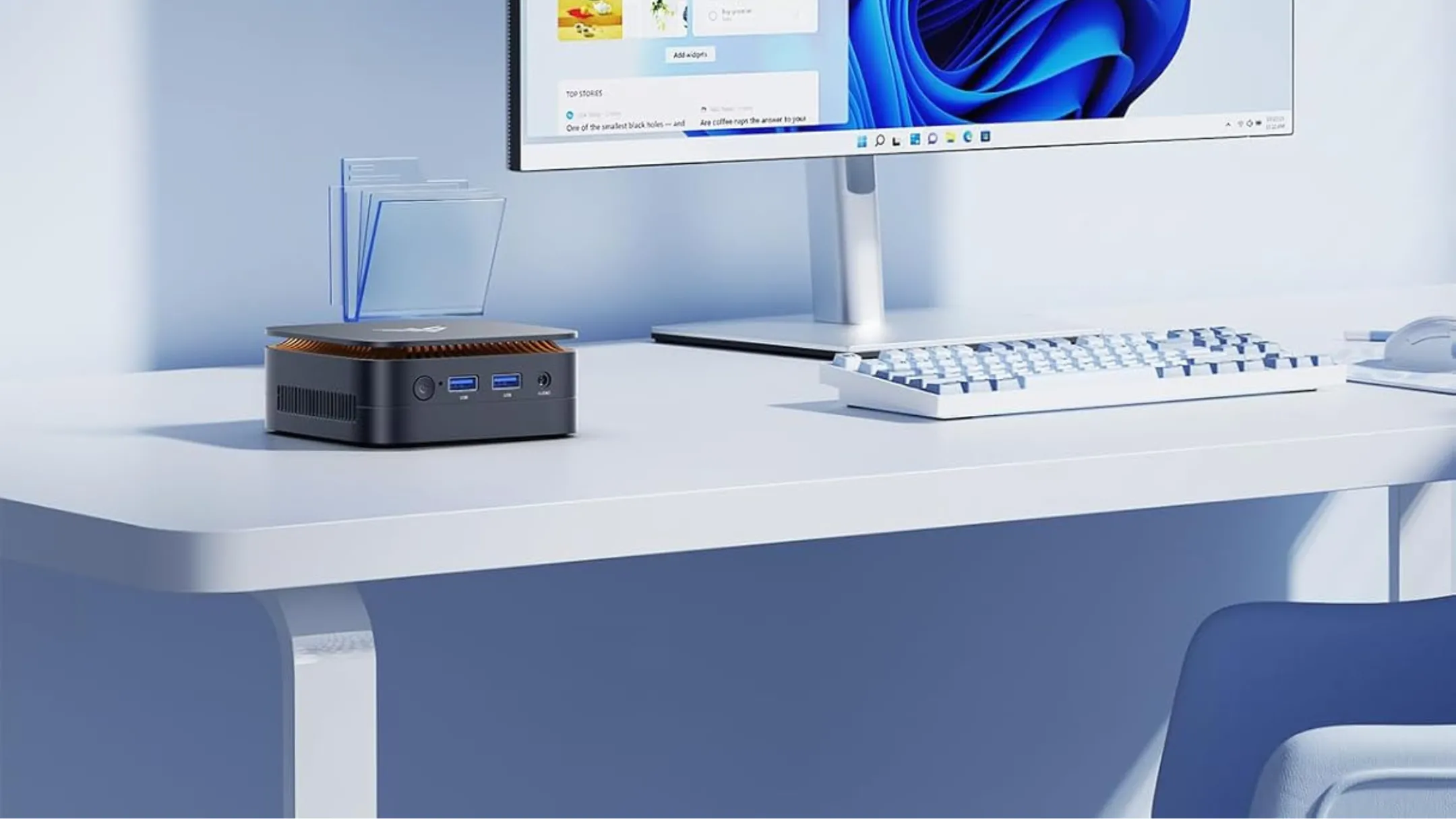 Mặt trước Mini PC KAMRUI hiển thị cổng USB và cổng âm thanh