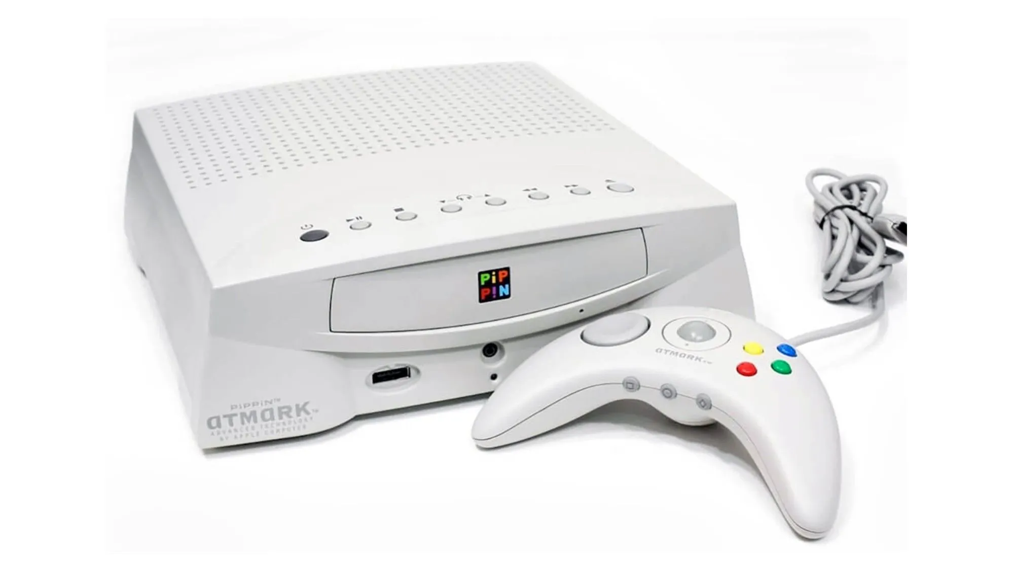 Máy chơi game console Apple Pippin màu đen với ổ đĩa CD và các cổng kết nối ngoại vi