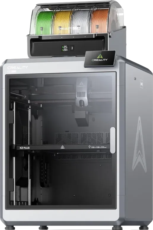 Máy in 3D Creality K2 Plus Combo hiện đại với thiết kế trong suốt, minh họa cho công nghệ in 3D tiên tiến