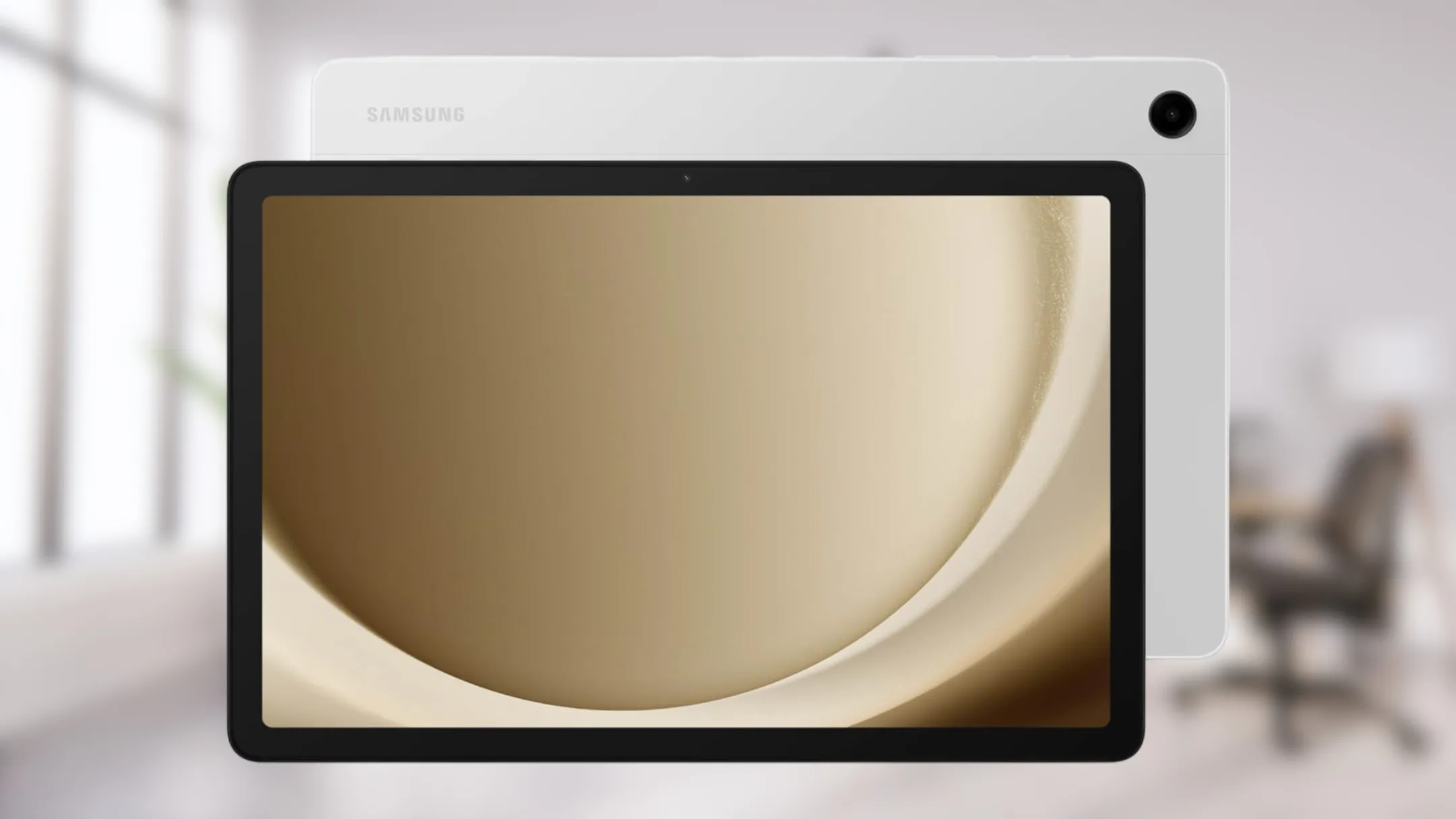 Máy tính bảng Samsung Galaxy Tab A9+ màu xám không gian đặt nghiêng trên bề mặt phẳng
