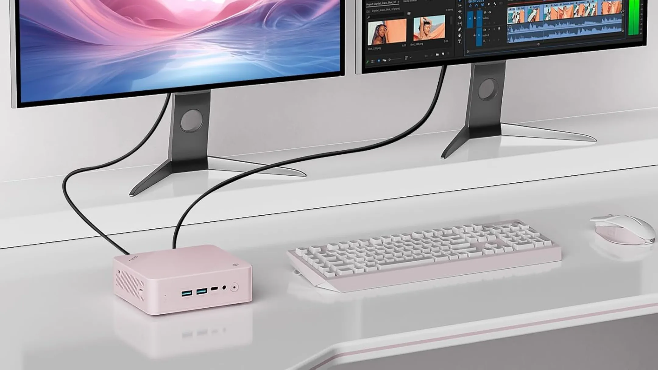 Máy tính Mini PC Nimo nhìn từ phía trước với các cổng kết nối và logo, minh họa khả năng kết nối đa dạng