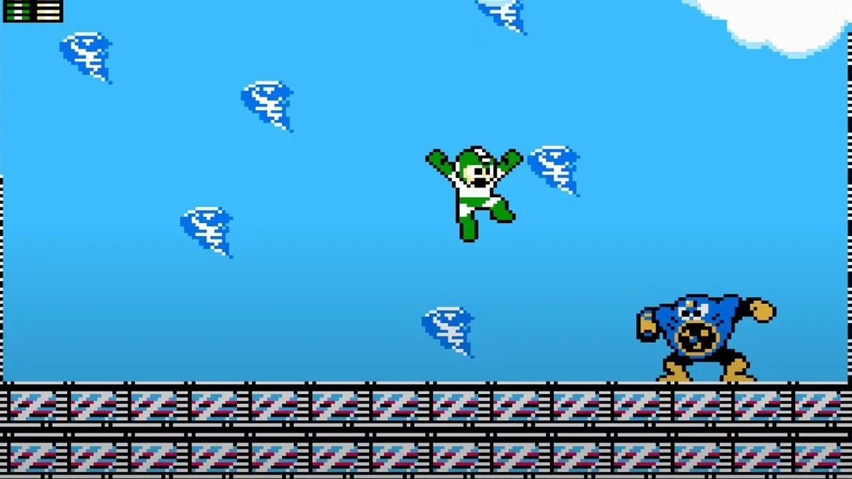 Mega Man 2 đang chiến đấu với Wind Man, một trong những trùm robot nổi tiếng của game.