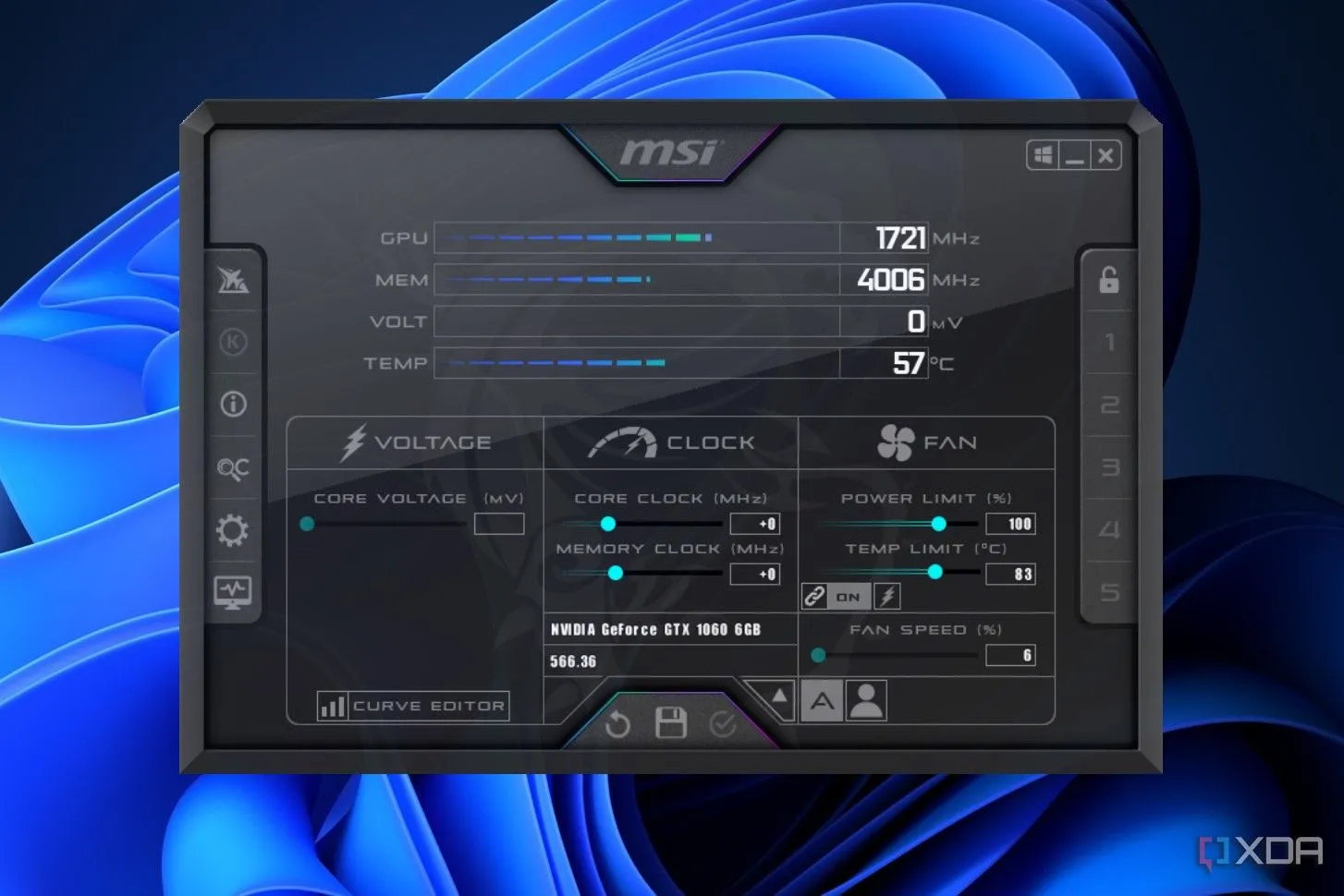 Menu chính của phần mềm MSI Afterburner hiển thị các tùy chọn và chỉ số giám sát hiệu suất