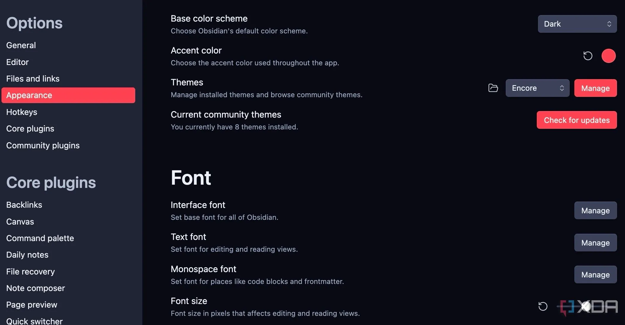 Menu Giao diện của Obsidian với tùy chọn Quản lý Chủ đề (Themes) để cài đặt các giao diện mới