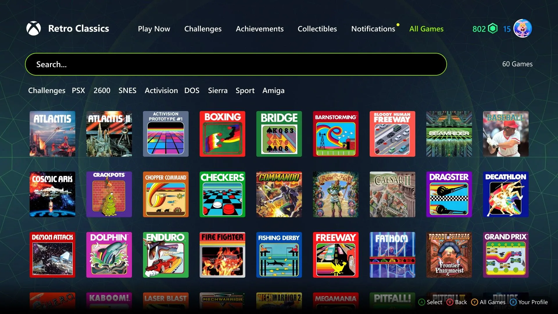 Menu lựa chọn game đa dạng trong bộ sưu tập Retro Classics trên Xbox Game Pass
