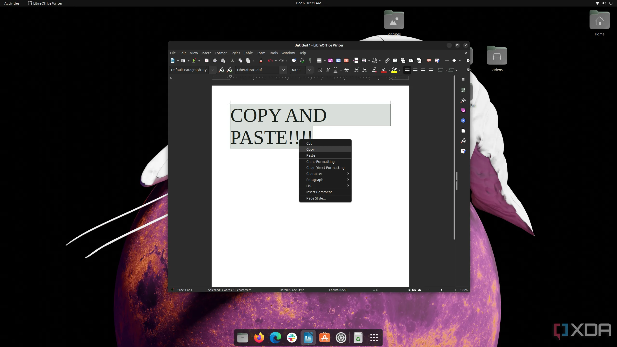 Menu sao chép và dán trong Libre Office trên Linux