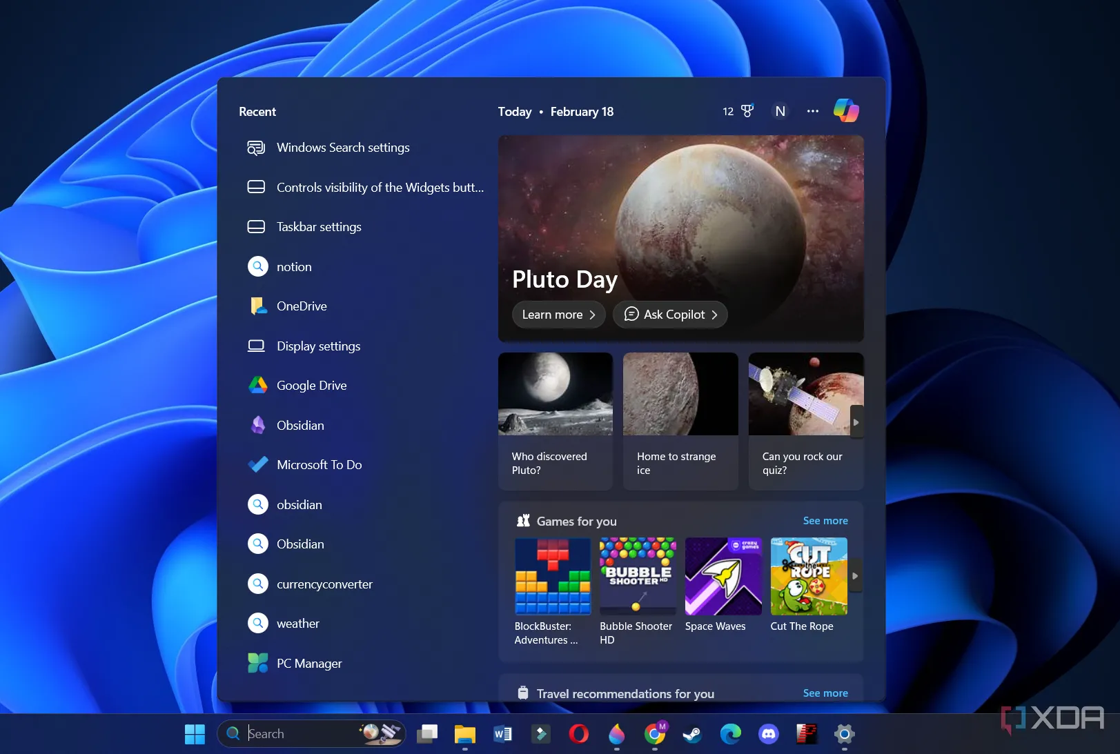 Menu tìm kiếm Windows 11 hiển thị biểu tượng Copilot trên thanh tác vụ