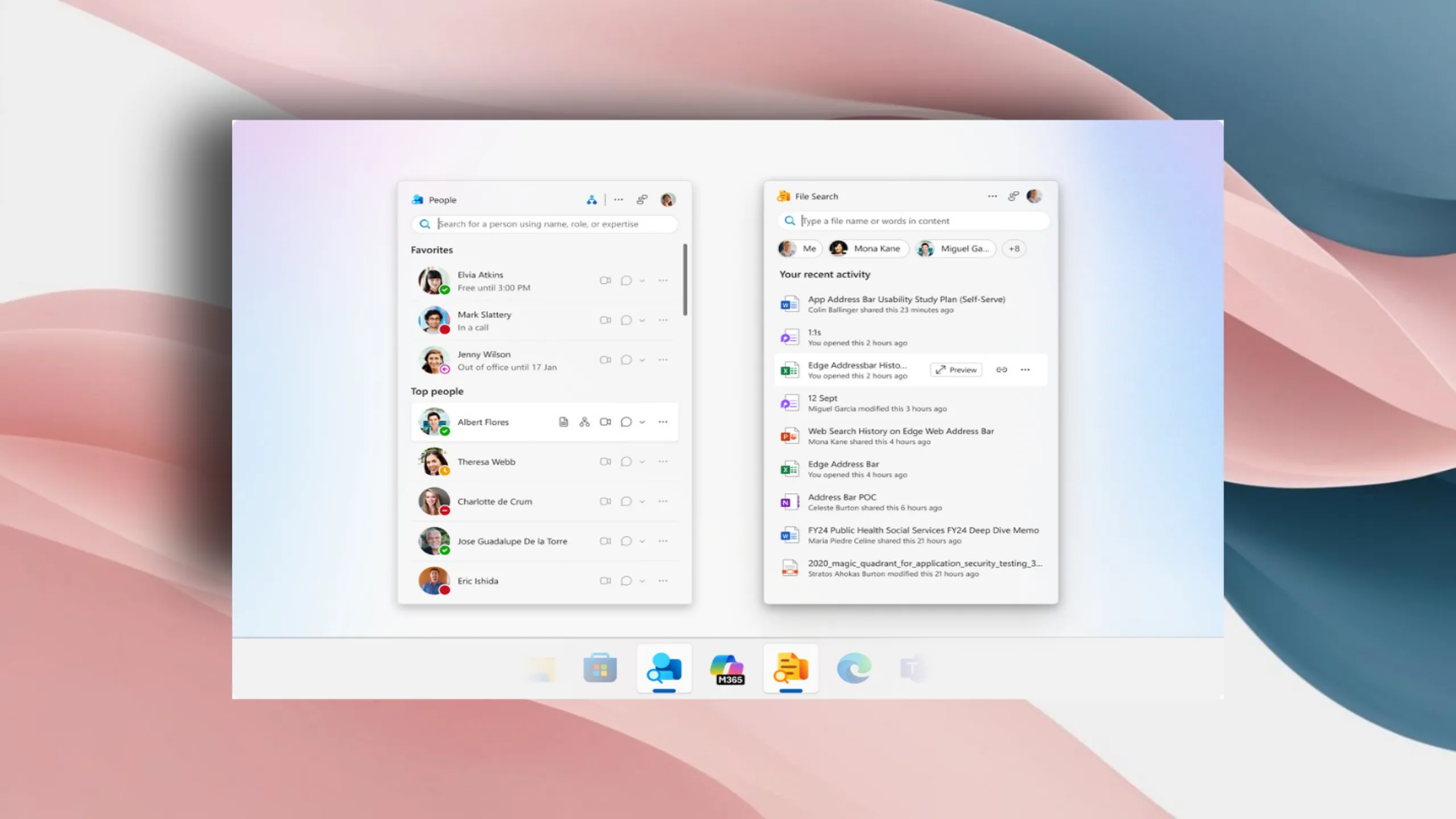 Minh họa ứng dụng People và File Search Microsoft 365 trên Windows 11