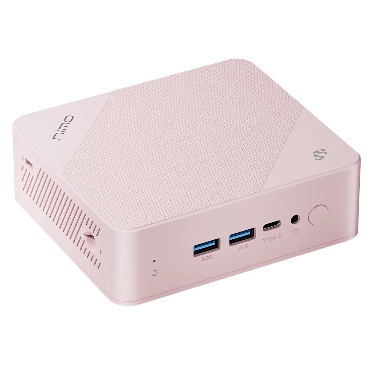 Mini PC Nimo nhỏ gọn đặt trên bàn làm việc, thể hiện thiết kế hiện đại và tiết kiệm không gian