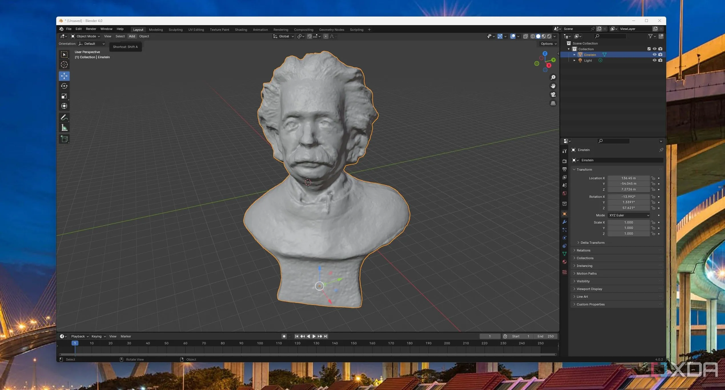 Mô hình đầu Einstein đang được điêu khắc 3D trong phần mềm Blender