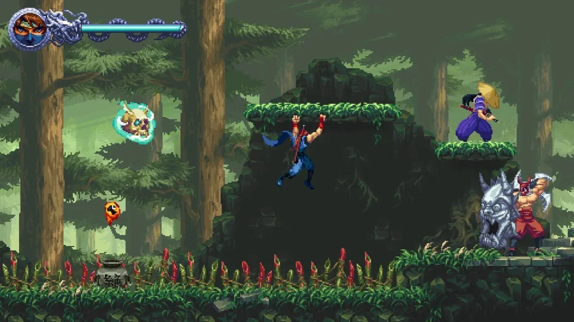 Một ảnh chụp màn hình gameplay trong khu rừng từ Ninja Gaiden: Ragebound