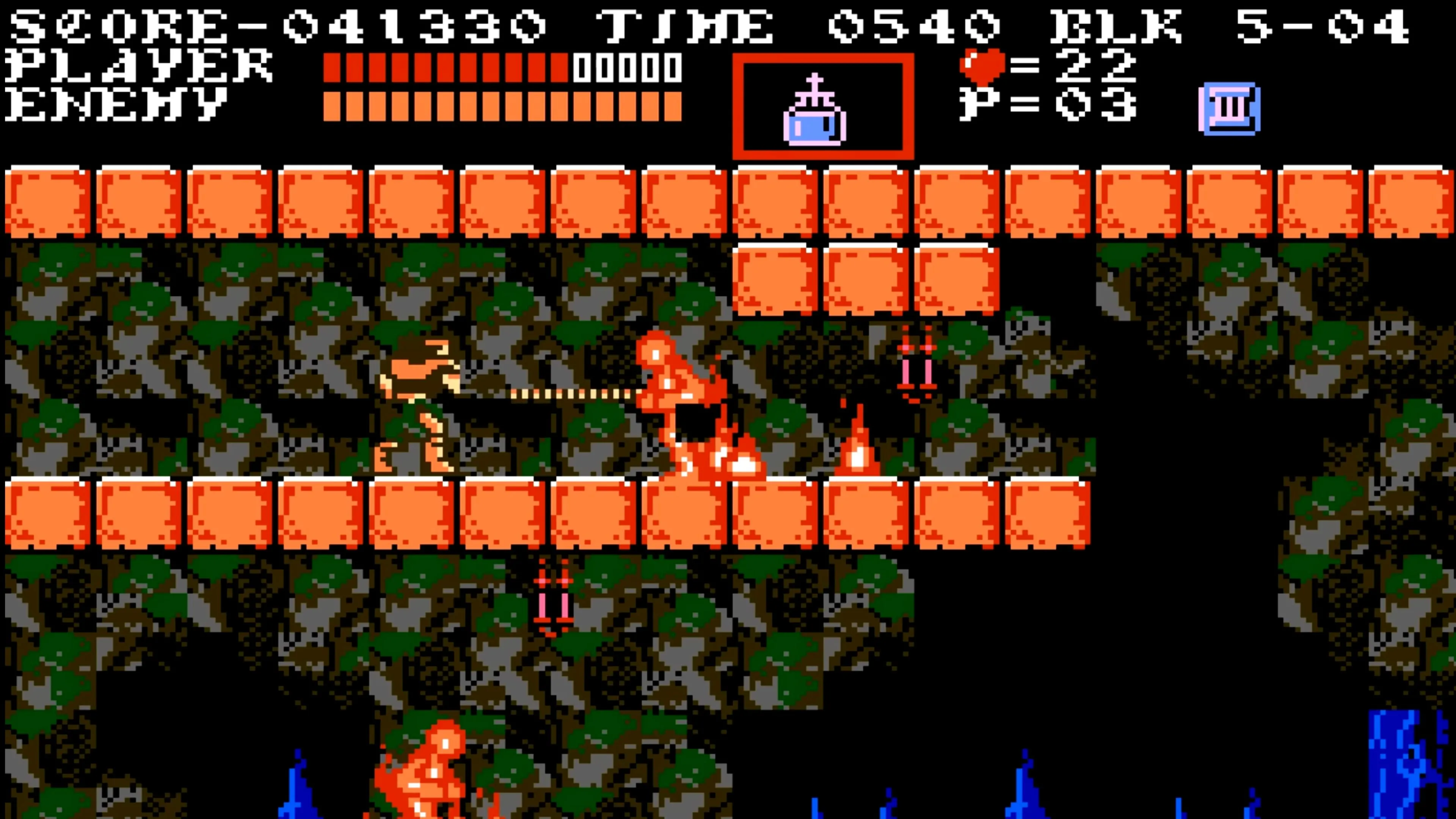 Một cảnh chiến đấu trong Castlevania III: Dracula's Curse, hiển thị quái vật lớn và môi trường chi tiết.
