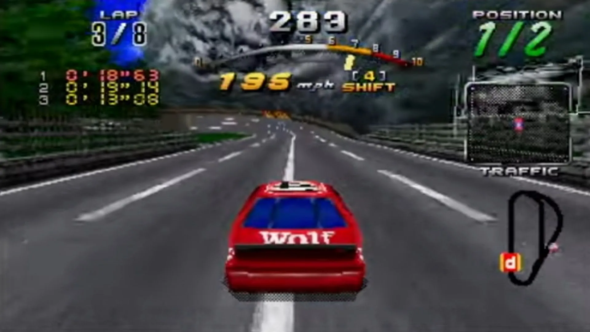 Một cảnh đua xe tốc độ cao trong Daytona USA CCE trên Sega Saturn, hiển thị giao diện người dùng và đồ họa game.