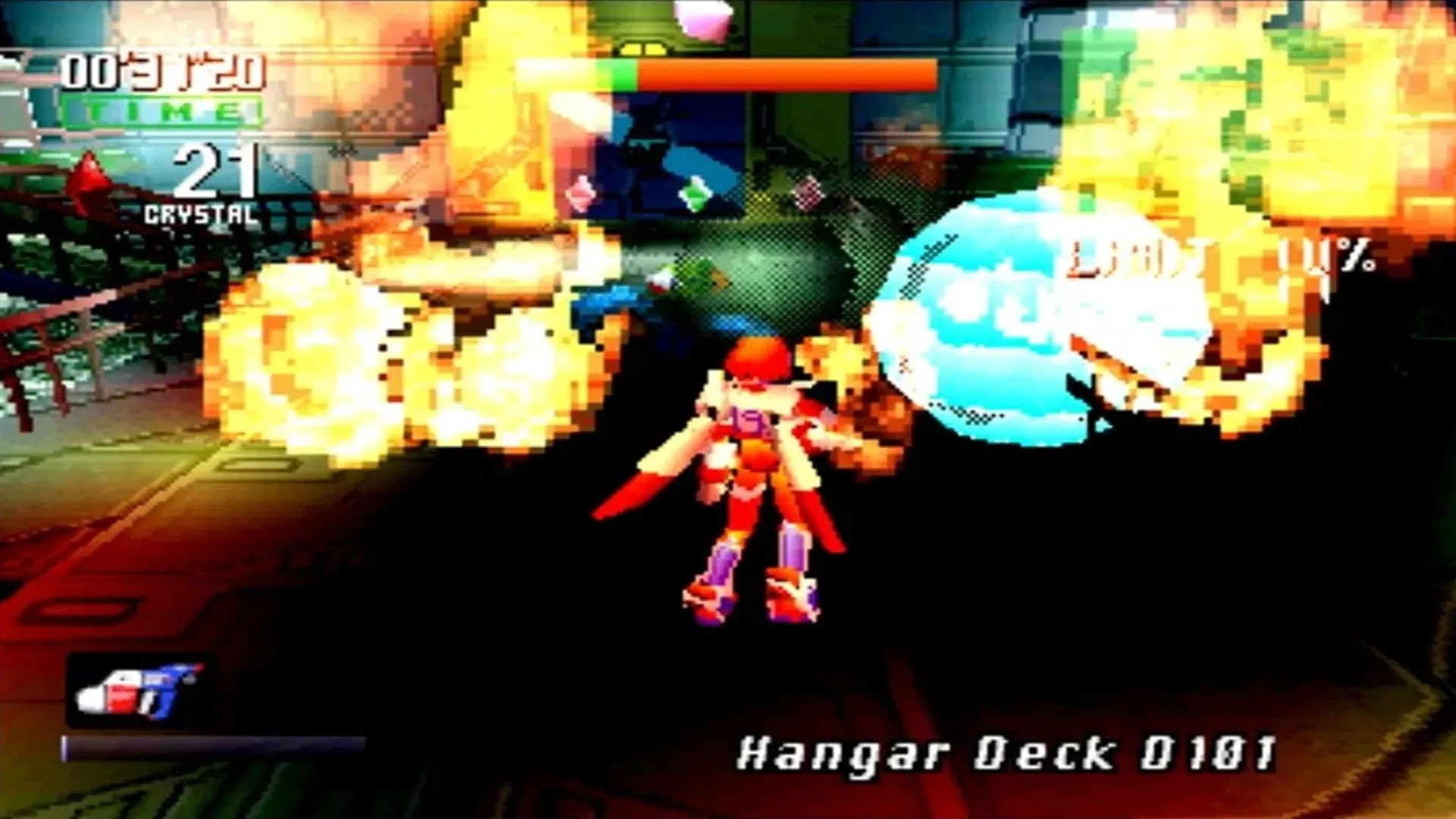Một cảnh gameplay của Burning Rangers trên Sega Saturn, cho thấy nhân vật đang sử dụng jetpack để bay và cứu người trong một tòa nhà cháy.