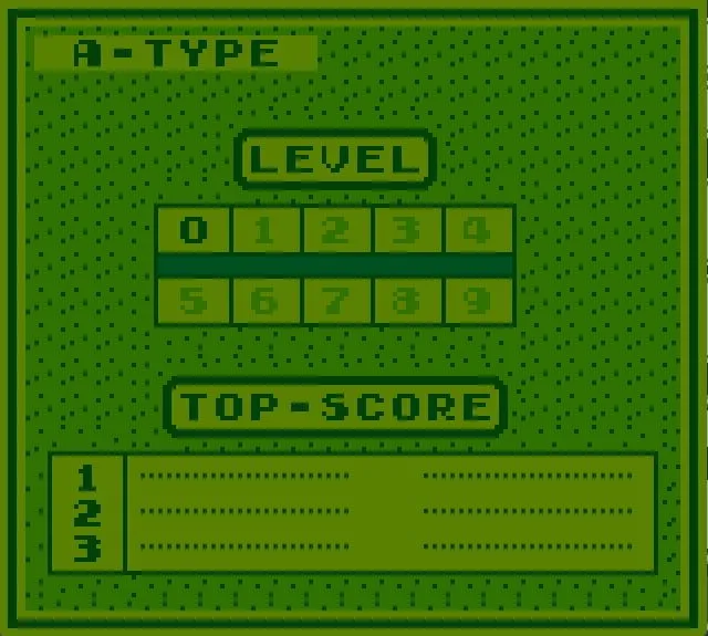 Một cảnh gameplay khác của Tetris Game Boy, thể hiện cách các khối đa dạng có thể được sắp xếp.