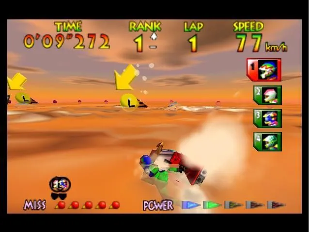 Một chiếc mô tô nước đang lướt sóng trong Wave Race 64 trên Nintendo 64, thể hiện hiệu ứng nước tiên tiến thời bấy giờ