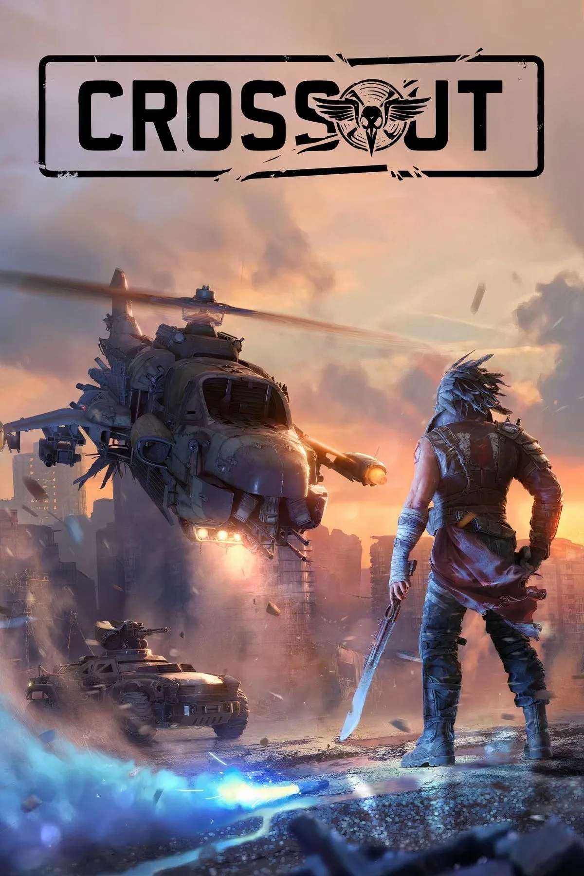 Một chiếc xe chiến đấu tự chế trong game Crossout, với giáp trụ và vũ khí hạng nặng, sẵn sàng cho trận chiến trong bối cảnh sa mạc hậu tận thế.