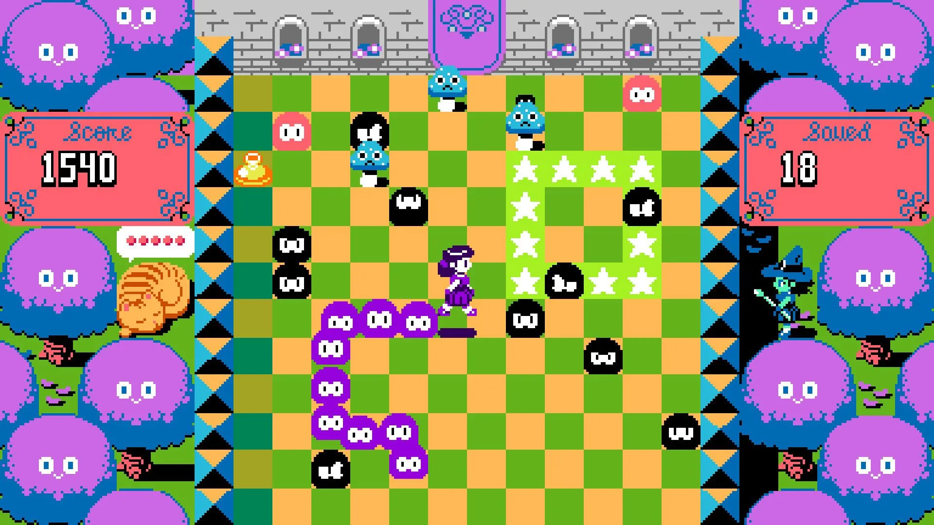 Một trò chơi nhập vai (RPG) trong UFO 50 với đồ họa pixel art chi tiết.