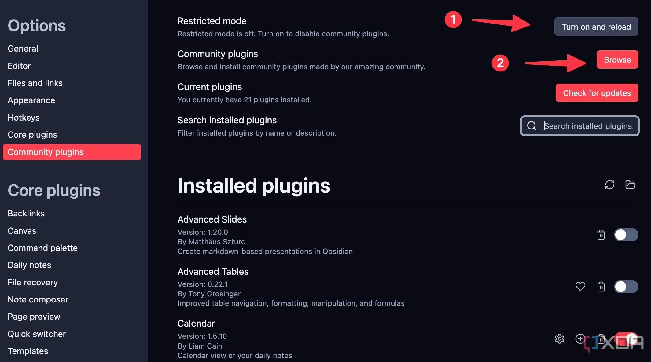 Mục Plugin Cộng đồng trong cài đặt Obsidian, cho phép duyệt và cài đặt các plugin mở rộng chức năng