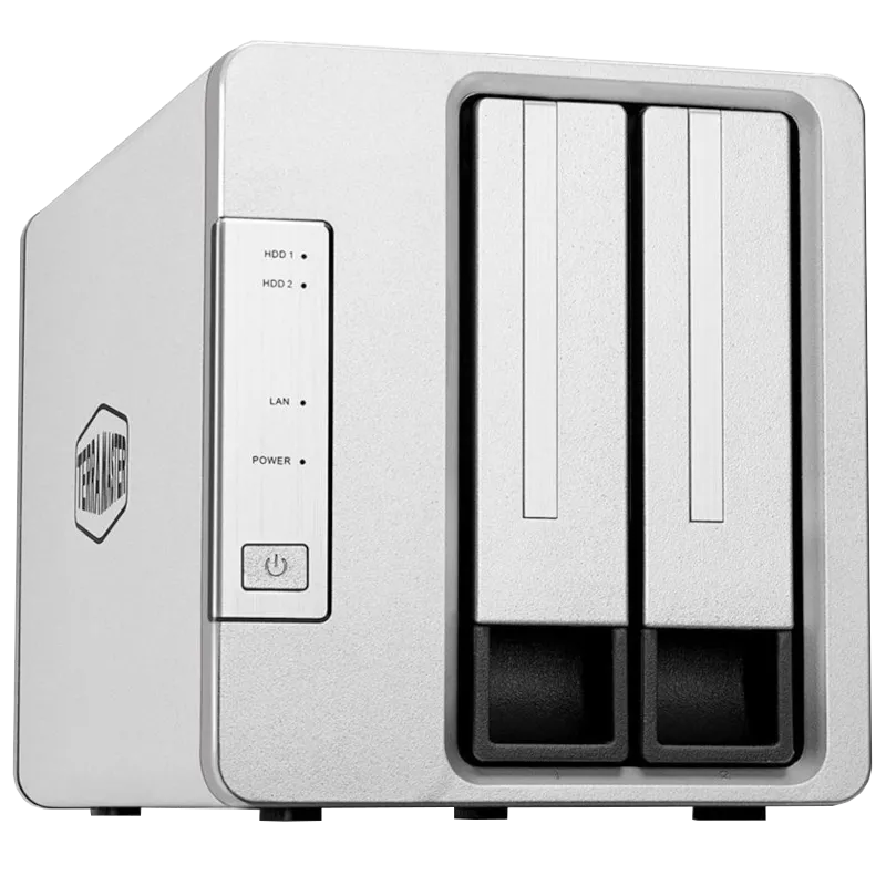 NAS TerraMaster F2-423 nhìn từ phía trước, hiển thị hai khay ổ đĩa.