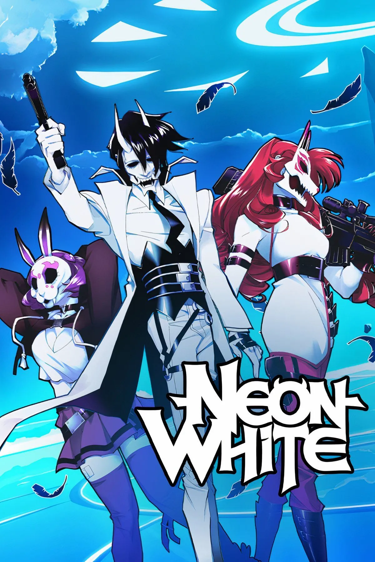 Neon White: Nhân vật chính đang thực hiện pha hành động tốc độ cao trong môi trường rực rỡ