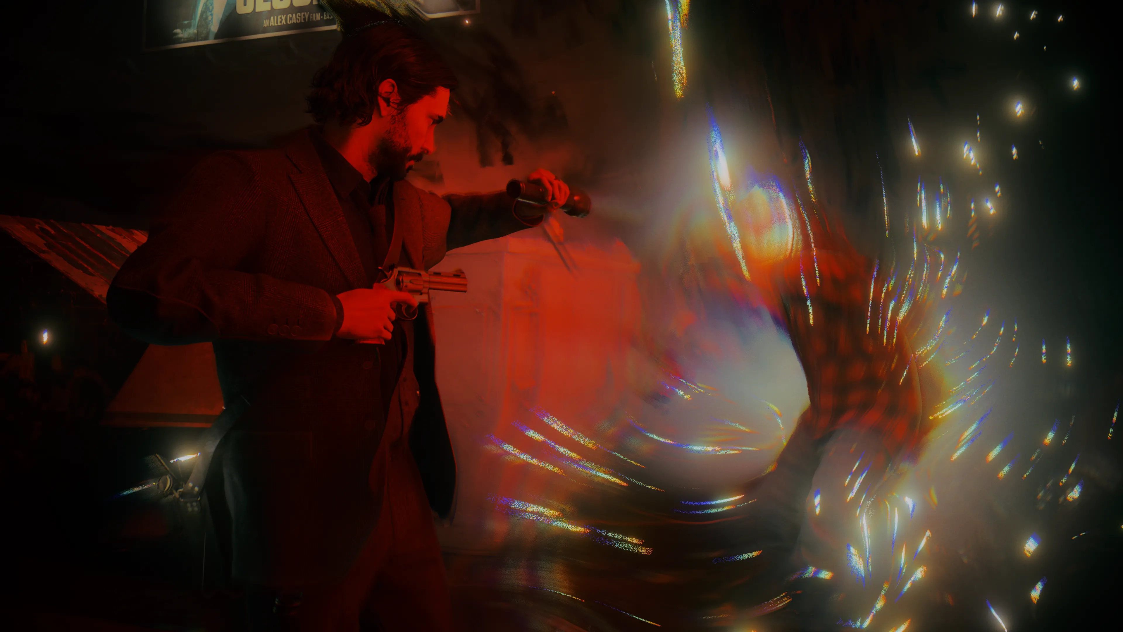 Người chơi chiến đấu trong Alan Wake 2, thể hiện hiệu ứng ánh sáng và đổ bóng ấn tượng của công nghệ ray tracing được tăng cường bởi DLSS 4 trên card đồ họa Nvidia RTX