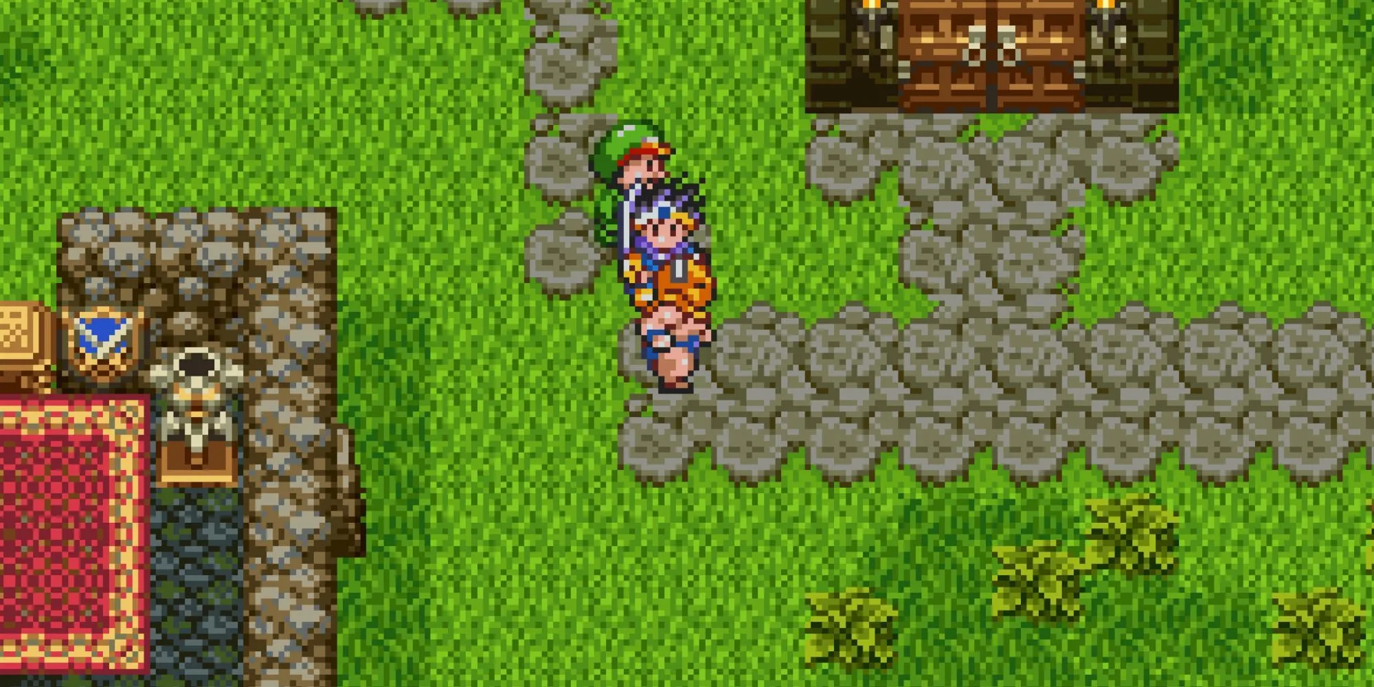 Người chơi đang khám phá một thị trấn trong Dragon Quest III: The Seeds of Salvation, với đồ họa pixel cổ điển.