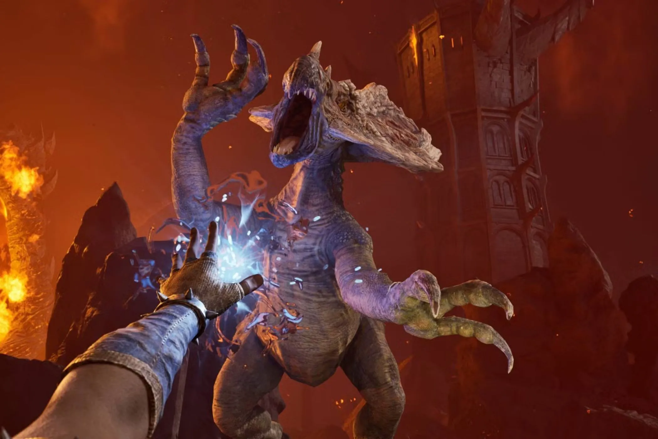Người chơi game The Elder Scrolls IV: Oblivion Remastered sử dụng phép thuật trong trận chiến