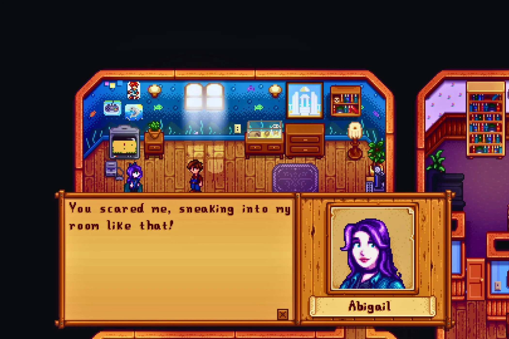 Người chơi Stardew Valley trò chuyện với nhân vật Abigail trong nhà, thể hiện chiều sâu của hệ thống tương tác và không có giao dịch vi mô