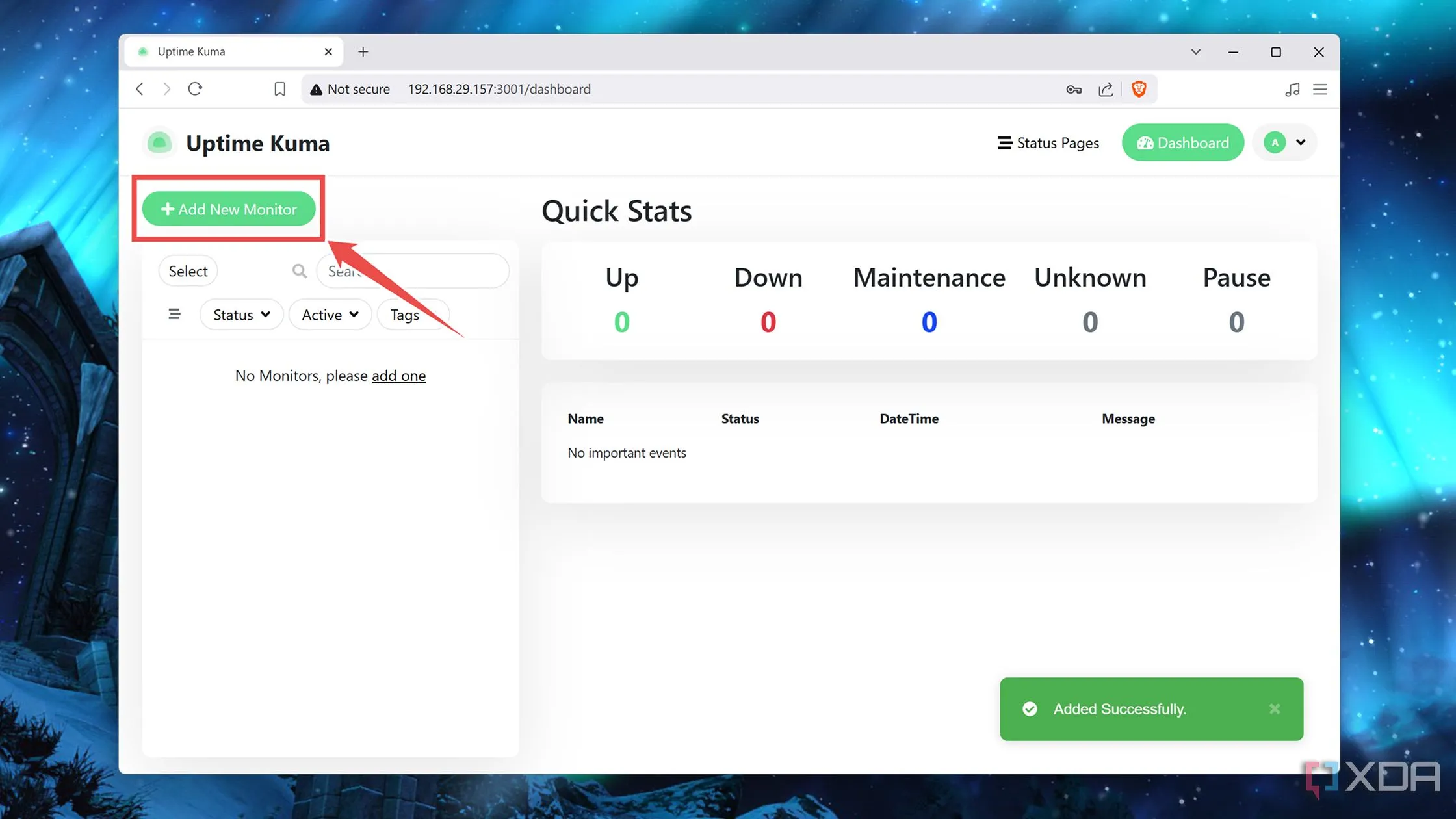 Nhấn nút &quot;Add New Monitor&quot; để thêm một dịch vụ mới cần giám sát vào Uptime Kuma