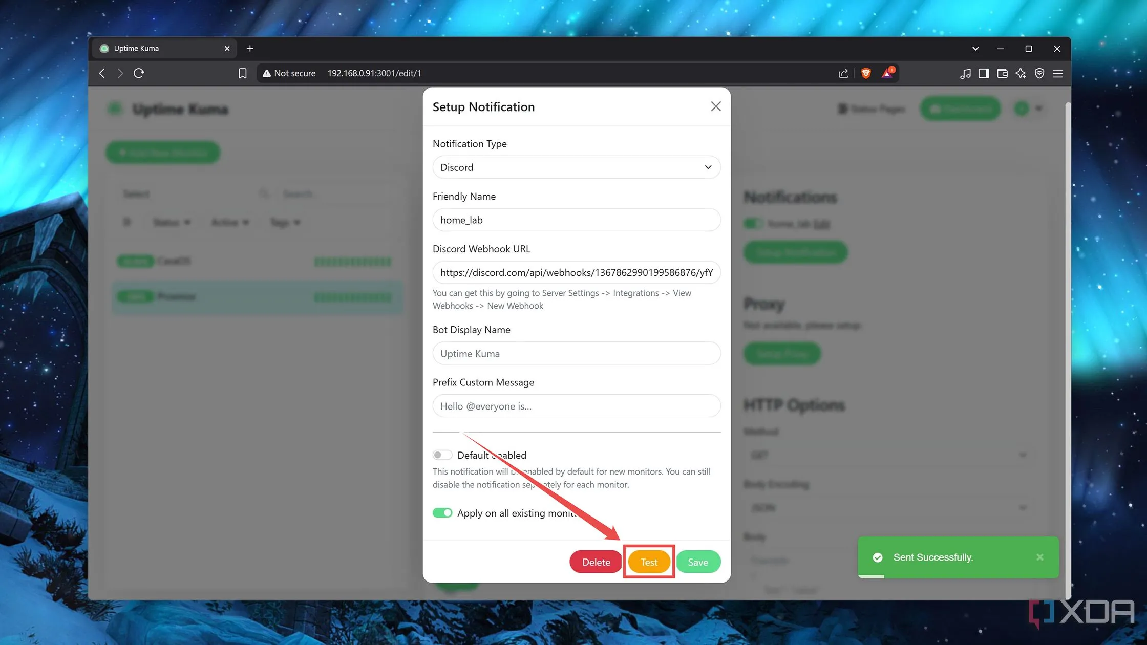 Nhấn nút &quot;Test&quot; để kiểm tra khả năng gửi thông báo từ Uptime Kuma đến Discord