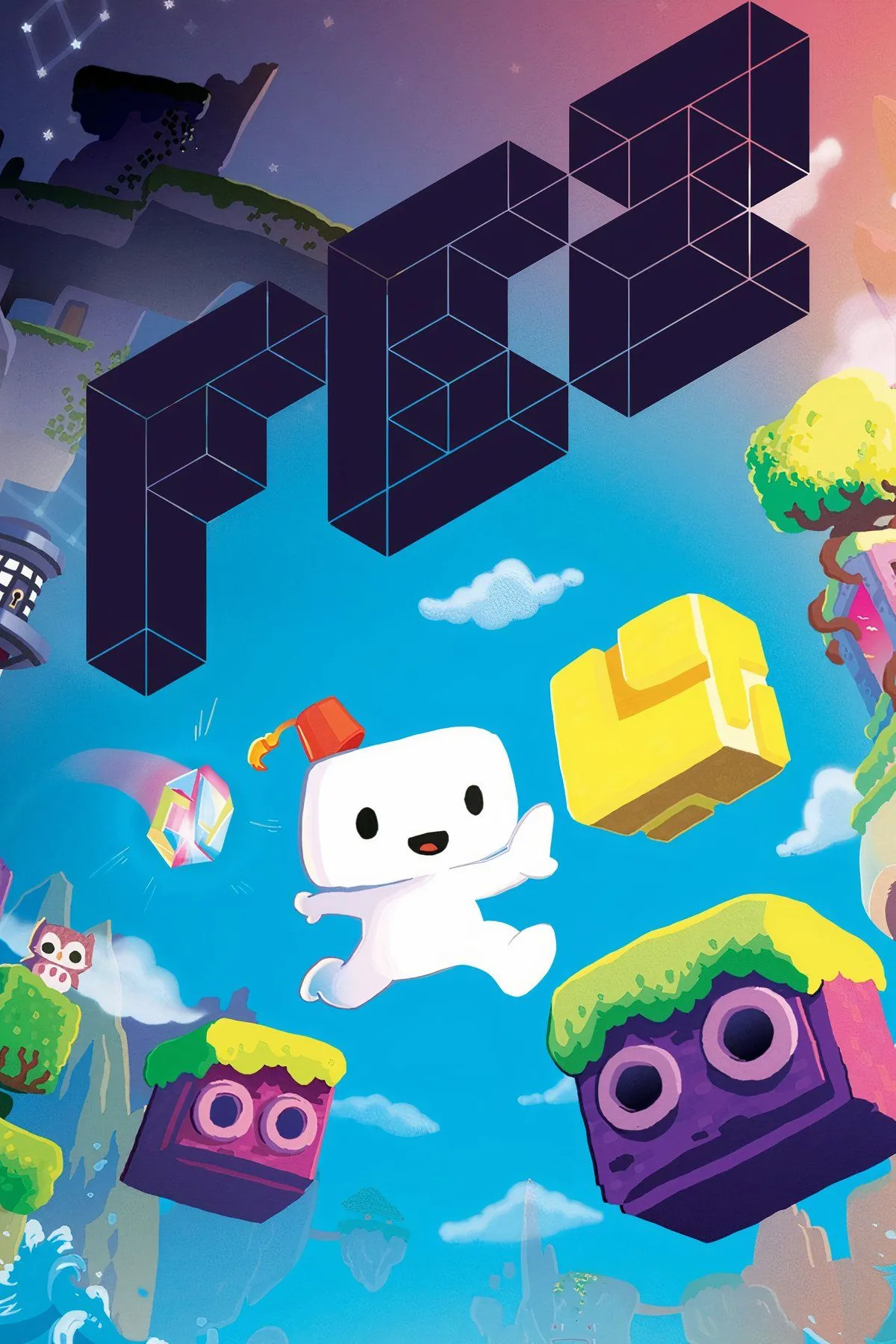 Nhân vật 2D trong game FEZ đang khám phá thế giới 3D đầy màu sắc và kiến trúc độc đáo, thể hiện cơ chế xoay góc nhìn.