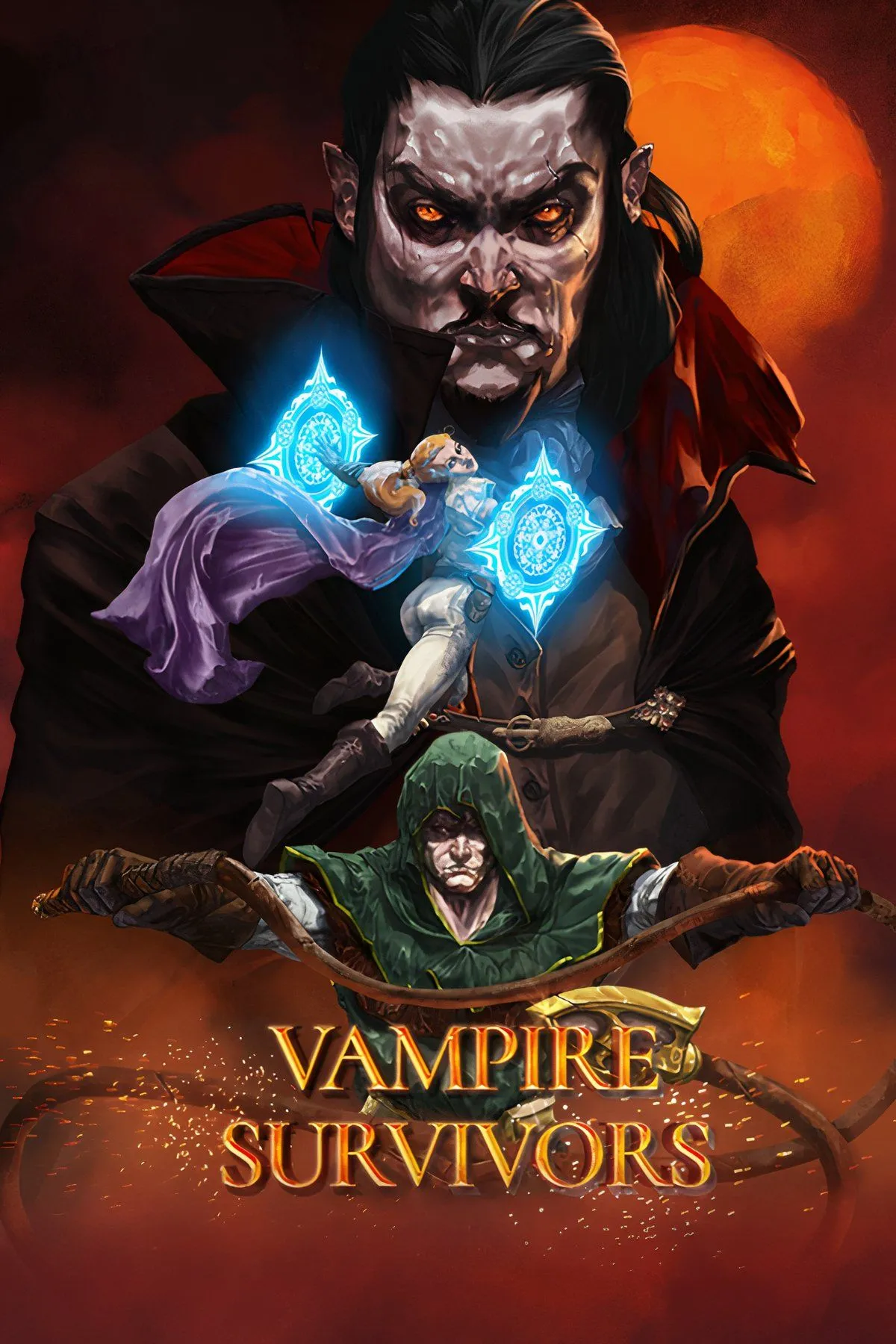 Nhân vật chiến đấu chống lại đàn quái vật trong Vampire Survivors, thể hiện lối chơi sinh tồn đơn giản nhưng gây nghiện.