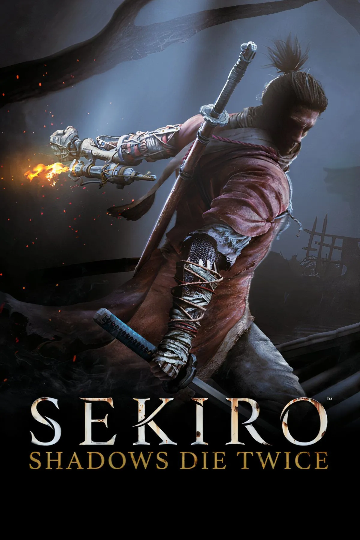 Nhân vật chính của Sekiro: Shadows Die Twice trong tư thế chiến đấu, với kiếm và cánh tay giả.
