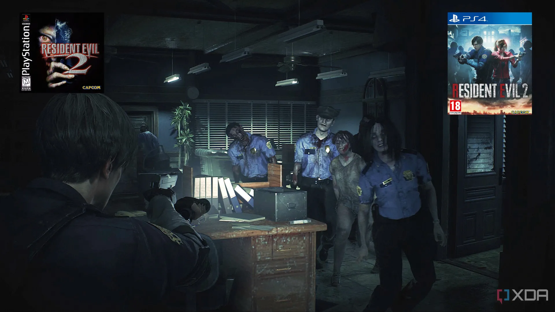 Nhân vật Leon S. Kennedy trong Resident Evil 2 đang đối đầu với zombie.