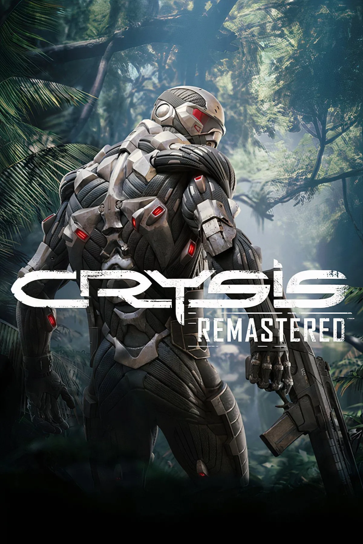 Nhân vật Nomad trong bộ đồ Nanosuit, sẵn sàng chiến đấu trong môi trường rừng rậm của Crysis Remastered.