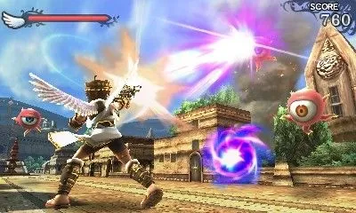 Nhân vật Pit chiến đấu trong Kid Icarus Uprising trên Nintendo 3DS, nổi bật với đồ họa và lối chơi hành động