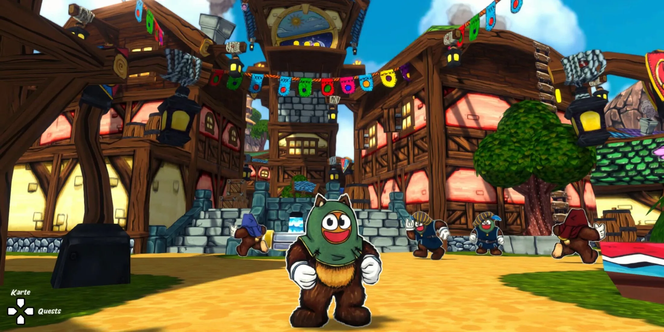 Nhân vật Ruffy đứng trước một thị trấn hoạt hình đầy chi tiết trong game Ruffy and the Riverside, thể hiện đồ họa tươi sáng.