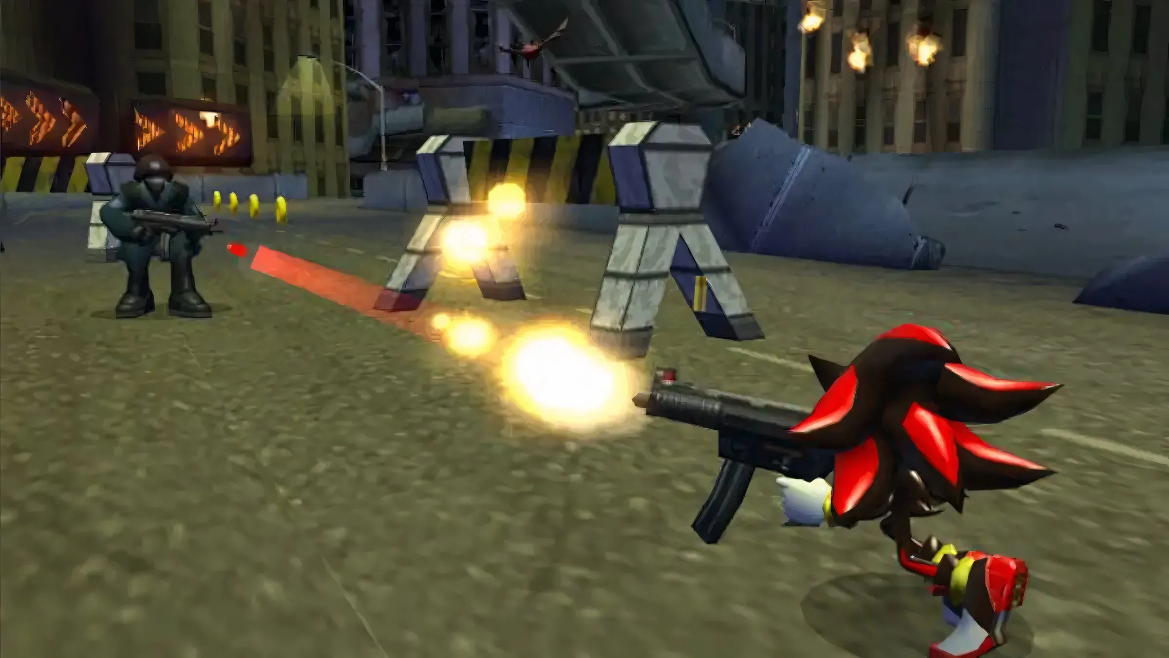 Nhân vật Shadow the Hedgehog đang cầm súng trong game, thể hiện phong cách tối tăm.